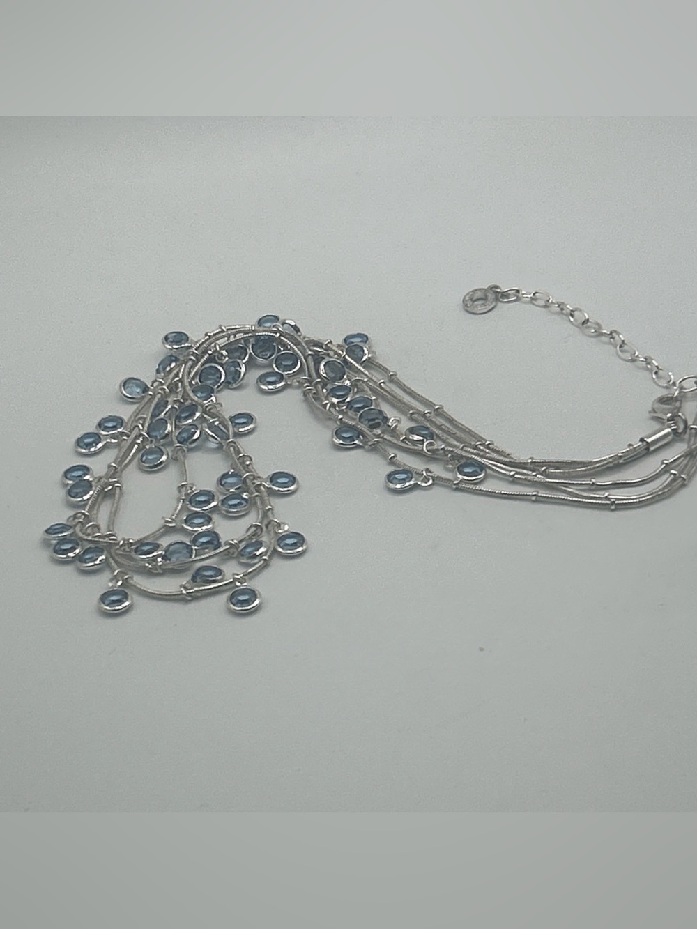 Vintage Anne Klein 3 Strand Necklace W/ Dangle Bezel Set Blue Beads Silvertone - Picture 4 of 9